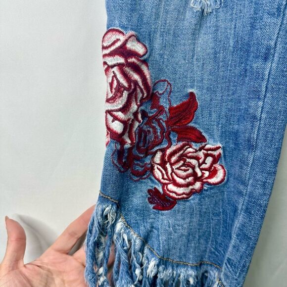 Inc Floral Embroidered skinny leg crop denim jeans with fringe bottom Size 10 - Picture 7 of 14